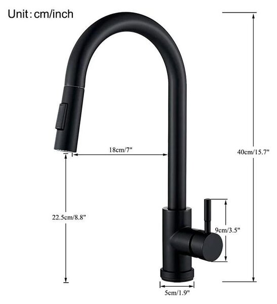 Miscelatore da cucina estraibile - Miscelatore monocomando per lavello - Rotazione a 360° - Funzione doccia e getto - Acqua calda e fredda - Nero