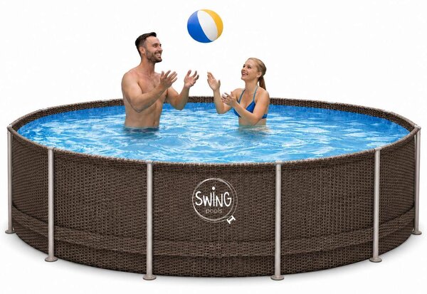 HAF - Piscina Swing Frame rotonda in rattan sintetico grigio (Ø 366 cm, profondità 91 cm) - Piscina da giardino da 8.300 litri - Robusta, resistente ai raggi UV e alla corrosione