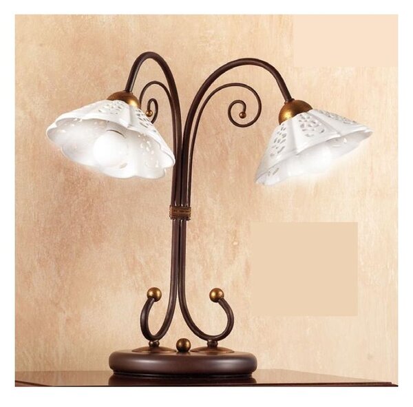 2030.L2 LAMPADA DA TAVOLO A 2 LUCI IN FERRO RUGGINE CON DIFFUSORI IN TERRACOTTA BIANCA TRAFORATA MADE IN ITALY