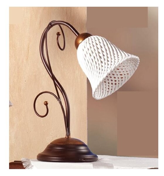 2032.L LAMPADA DA TAVOLO RUSTICA IN FERRO RUGGINE E DIFFUSORE IN TERRACOTTA BIANCA INTRECCIATA MADE IN ITALY