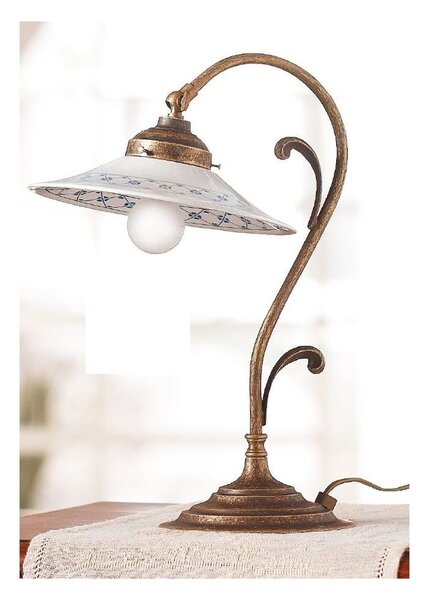 2033.L LAMPADA DA TAVOLO RUSTICA COLORE RUGGINE CON PIATTO IN TERRACOTTA BIANCA LUCIDA DECORATA MADE IN ITALY