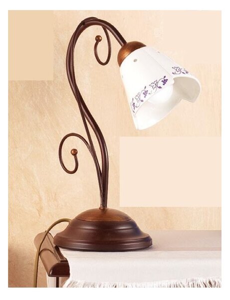 2029.L LAMPADA DA TAVOLO RUSTICA IN FERRO RUGGINE E DIFFUSORE IN TERRACOTTA BIANCA DECORATA MADE IN ITALY