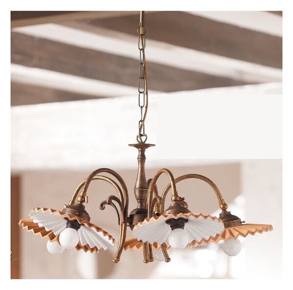 2036.5 LAMPADARIO 5 LUCI RUSTICO RUGGINE CON PIATTI PLISSE IN TERRACOTTA SMALTATI DI BIANCO MADE IN ITALY