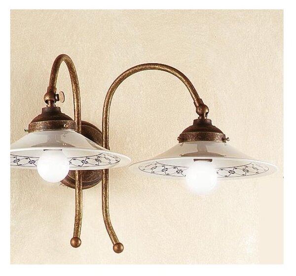 2039.A APPLIQUE 2 LUCI RUSTICA CON DIFFUSORI IN TERRACOTTA BIANCA LUCIDA DECORATA MADE IN ITALY