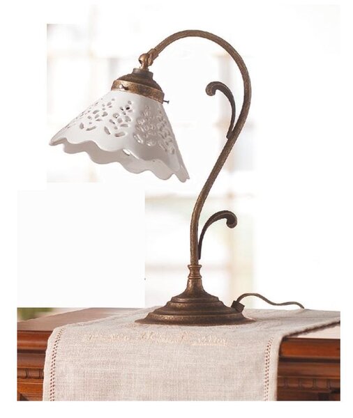 2035.L LAMPADA DA TAVOLO RUSTICA COLORE RUGGINE CON PIATTOIN TERRACOTTA BIANCA LUCIDA TRAFORATA MADE IN ITALY