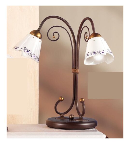 2029.L2 LAMPADA DA TAVOLO 2 LUCI RUSTICA IN FERRO RUGGINE E DIFFUSORI IN TERRACOTTA BIANCA DECORATA MADE IN ITALY