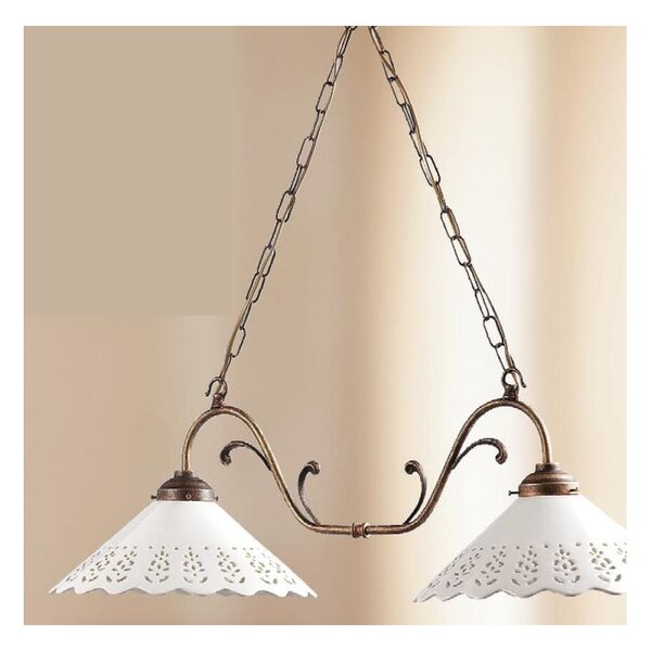 2040.2 LAMPADARIO RUSTICO 2 LUCI CON DIFFUSORI IN TERRACOTTA BIANCA LUCIDA TRAFORATA MADE IN ITALY