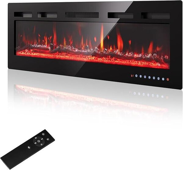 Camino elettrico da parete, 36"/92cm - Fiamma LED con 12 colori regolabili ed effetto crepitio, camino elettrico da 900W/1500W con riscaldamento e termostato regolabile da 15-30°C, display touchscreen intuitivo e telecomando