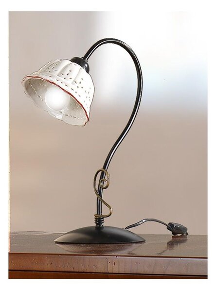 2216.L LAMPADA DA TAVOLO RUSTICA IN METALLO NERO CON DIFFUSORE IN TERRACOTTA BIANCA TRAFORATA BORDO DECORATO MADE IN ITALY