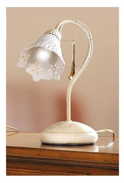 2207.L LAMPADA DA TAVOLO AVORIO CON PARALUME IN CERAMICA BIANCA TRAFORATA E GOCCE IN VETRO DI MURANO MADE IN ITALY