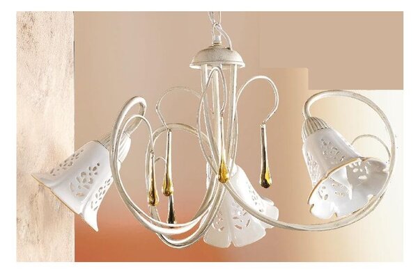 2208.3 LAMPADARIO 3 LUCI AVORIO CON PARALUMI IN CERAMICA BIANCA TRAFORATA E GOCCE IN VETRO DI MURANO MADE IN ITALY
