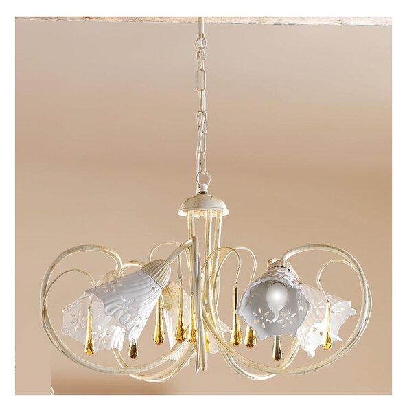 2207.5 LAMPADARIO 5 LUCI AVORIO CON PARALUMI IN CERAMICA BIANCA TRAFORATA E GOCCE IN VETRO DI MURANO MADE IN ITALY