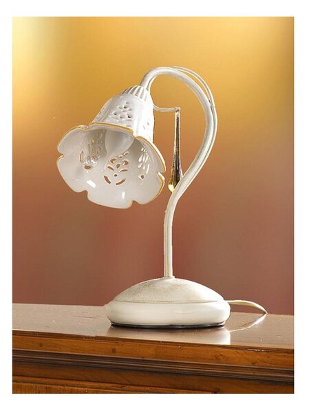 2208.L LAMPADA DA TAVOLO AVORIO CON PARALUME IN CERAMICA BIANCA TRAFORATA E GOCCE IN VETRO DI MURANO MADE IN ITALY