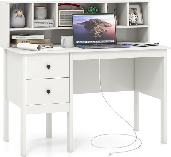 Scrivania con porte di ricarica USB e prese di corrente, scrivania per computer lunga 120 cm con cassetti e ripiano superiore a 5 scomparti