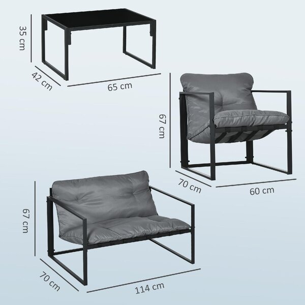 VivaGarden Salotto da Giardino con Divanetto 2 Poltrone e Tavolino in Acciaio Poliestere e Cotone PP colore Nero e Grigio