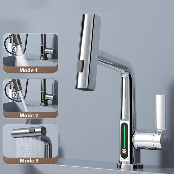 Miscelatore monocomando per lavabo da bagno, modello "waterfall" - Display digitale della temperatura - Doccetta estraibile - Rubinetto per acqua calda/fredda - Tubo da 60 cm - Argento