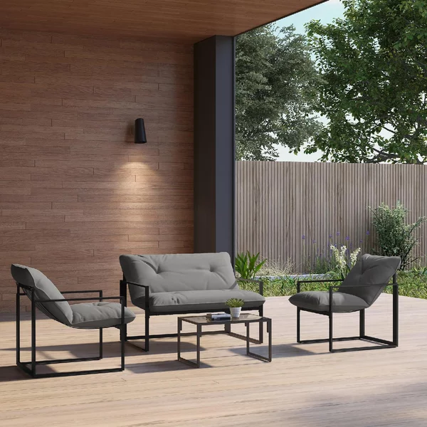 VivaGarden Salotto da Giardino con Divanetto 2 Poltrone e Tavolino in Acciaio Poliestere e Cotone PP colore Nero e Grigio