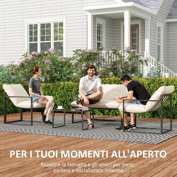VivaGarden Salotto da Giardino con Divanetto 2 Poltrone e Tavolino in Acciaio Poliestere e Cotone PP colore Beige e Grigio