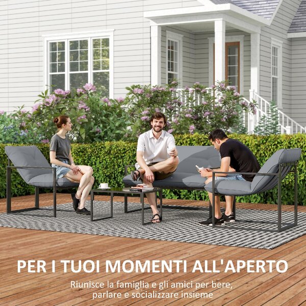 VivaGarden Salotto da Giardino con Divanetto 2 Poltrone e Tavolino in Acciaio Poliestere e Cotone PP colore Nero e Grigio