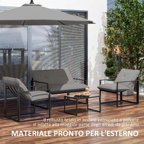 VivaGarden Salotto da Giardino con Divanetto 2 Poltrone e Tavolino in Acciaio Poliestere e Cotone PP colore Nero e Grigio