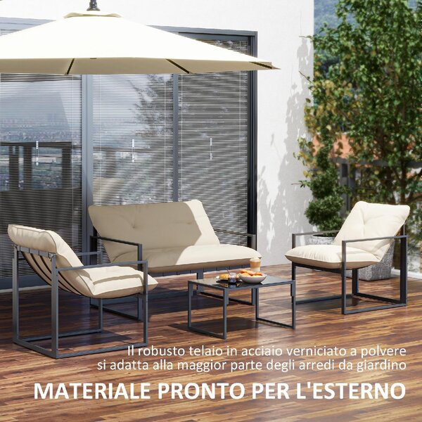 VivaGarden Salotto da Giardino con Divanetto 2 Poltrone e Tavolino in Acciaio Poliestere e Cotone PP colore Beige e Grigio