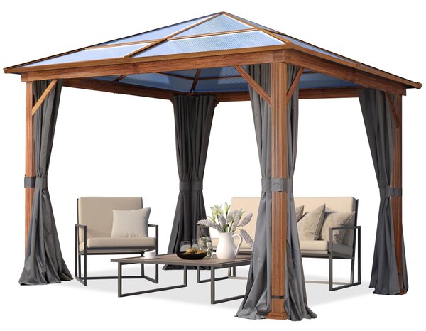 TOOLPORT Gazebo da giardino 3x3 m look quercia, tetto ca. 8mm policarbonato, 4 teli laterali color grigio