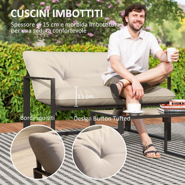 VivaGarden Salotto da Giardino con Divanetto 2 Poltrone e Tavolino in Acciaio Poliestere e Cotone PP colore Beige e Grigio
