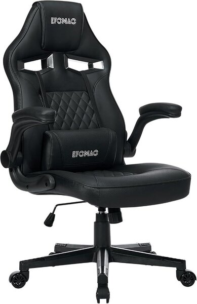 Sedia da gaming ergonomica, sedia da ufficio con braccioli pieghevoli, sedia da scrivania salvaspazio, funzione basculante da 90° a 107°, poltrona da ufficio in ecopelle con supporto lombare, portata massima 120 kg (nera)