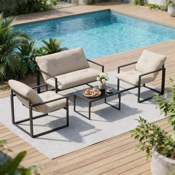VivaGarden Salotto da Giardino con Divanetto 2 Poltrone e Tavolino in Acciaio Poliestere e Cotone PP colore Beige e Grigio