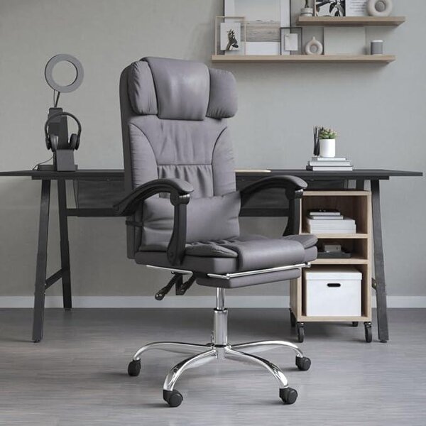 Sedia da ufficio con funzione massaggio, grigia, in ecopelle, regolabile in altezza, girevole. Sedia ergonomica per ufficio domestico e gaming, con supporto lombare e braccioli