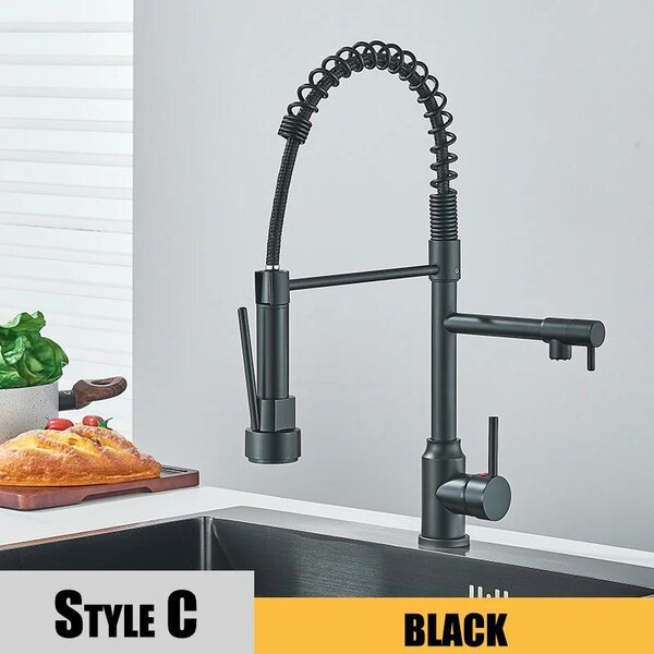 Miscelatore da cucina – Miscelatore estraibile per lavello – Rotazione a 360° – Doppio beccuccio – Doccetta estraibile – Acqua calda e fredda – Acciaio inossidabile – Nero