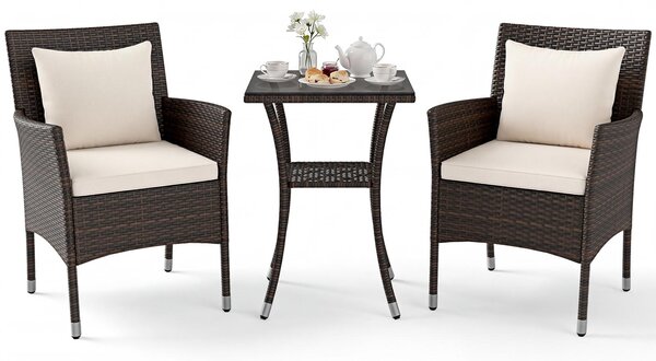 Set da balcone KOMFOTTEU, composto da 3 pezzi: set di mobili da giardino con 2 poltrone in rattan e tavolo a 2 piani in vetro temperato, set da bistrot con cuscini, set di mobili per terrazza, set di sedute per giardino, cortile e veranda