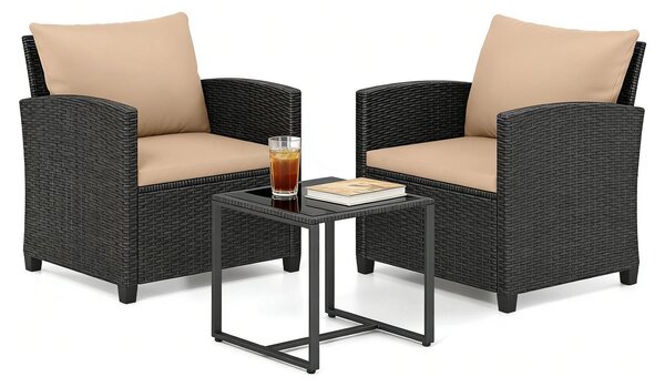 Set da giardino KOMFOTTEU, composto da 3 pezzi: set di mobili da balcone in rattan con 2 poltrone e un tavolino, set da giardino con sedute imbottite, set lounge per giardino, balcone o terrazza (nero e kaki)