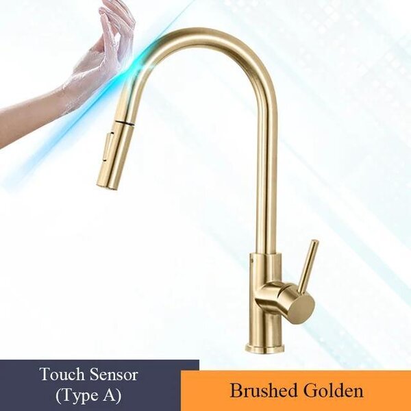 Miscelatore da cucina - Rubinetto con sensore - Doccetta estraibile - Rotazione a 360° - Acqua calda/fredda - Acciaio inossidabile SUS304 - Finitura dorata spazzolata