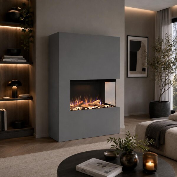 Caminetto elettrico Glow Fire 'Portia' aperto a destra| Caminetto a LED a stelo in grigio con riscaldamento (1500 W) | HxLxP: 140x90x45 cm