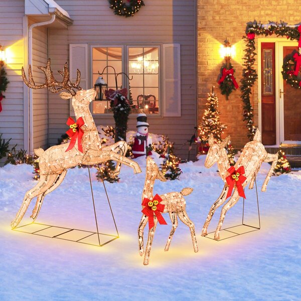 GOPLUS LED renna 3 pezzi, cervo natalizio illuminato in metallo color oro con 255 luci bianche calde, renna da decorazione natalizia per esterni e interni
