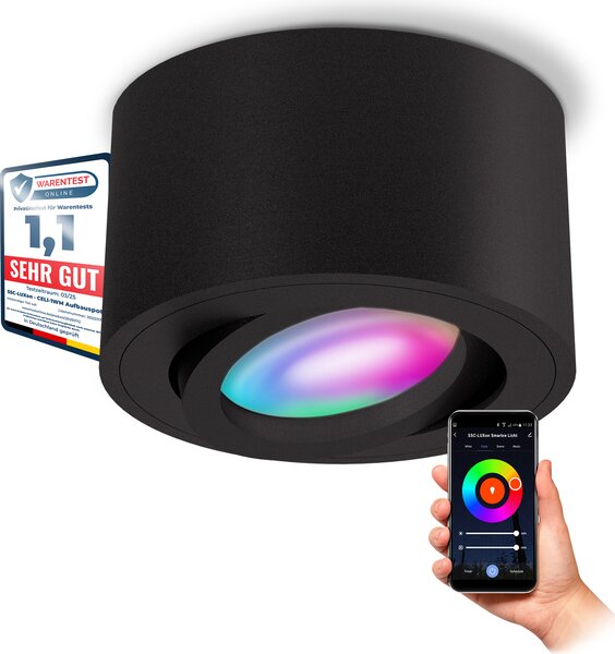 SSC-LUXon CELI-1BM Faretto da superficie nero orientabile piatto con WLAN Smart RGB CCT LED - Faretto da soffitto compatibile con Alexa, Siri e Google