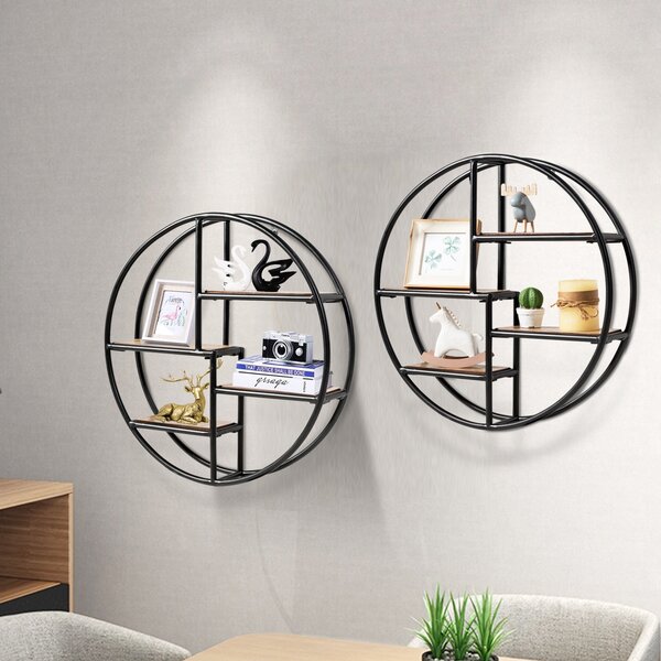 Costway Scaffale rotondo montato al muro, Scaffale decorativo con 4 livelli di legno e metallo, Nero