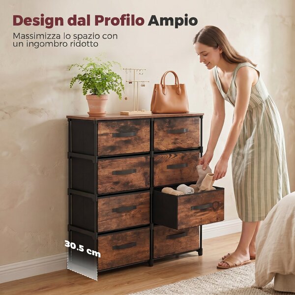 HOMCOM Cassettiera 8 Cassetti, Mobile in Metallo per Camera Da Letto, Marrone Rustico | Aosom Italy