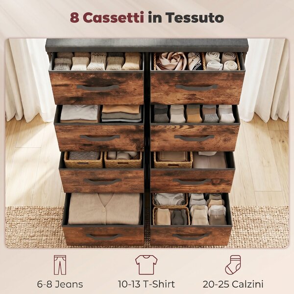 HOMCOM Cassettiera 8 Cassetti, Mobile in Metallo per Camera Da Letto, Marrone Rustico | Aosom Italy