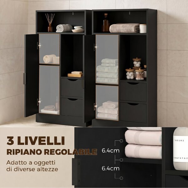 HOMCOM Mobile Bagno Slim con Cassetti, Scomparti Aperti, Nero | Aosom Italy