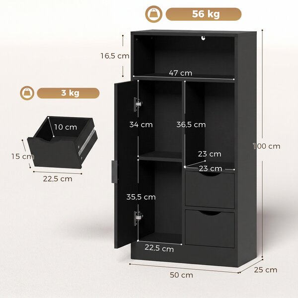 HOMCOM Mobile Bagno Slim con Cassetti, Scomparti Aperti, Nero | Aosom Italy