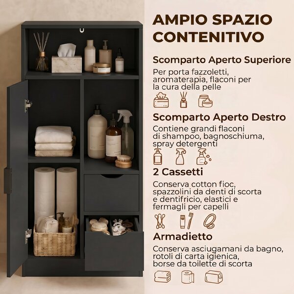 HOMCOM Mobile Bagno Slim con Cassetti, Scomparti Aperti, Nero | Aosom Italy
