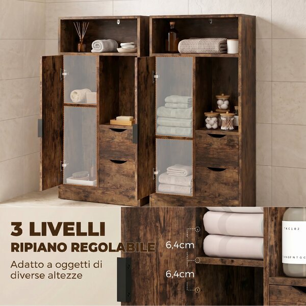 HOMCOM Mobile Bagno Slim con Cassetti, Scomparti Aperti, Marrone Rustico | Aosom Italy
