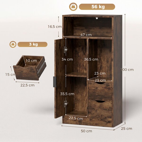 HOMCOM Mobile Bagno Slim con Cassetti, Scomparti Aperti, Marrone Rustico | Aosom Italy