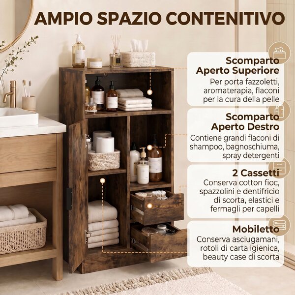 HOMCOM Mobile Bagno Slim con Cassetti, Scomparti Aperti, Marrone Rustico | Aosom Italy