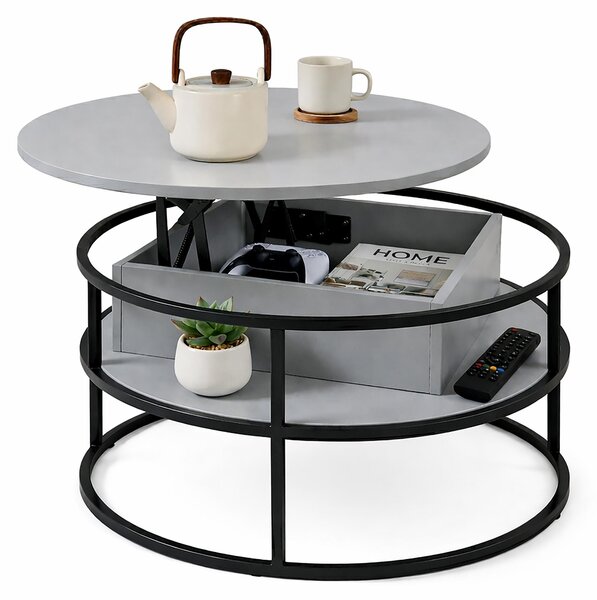 Tavolino Relaxdays, regolabile in altezza, tavolino con vano portaoggetti, dimensioni: 46x80 cm, piano sollevabile, MDF, ferro, grigio/nero