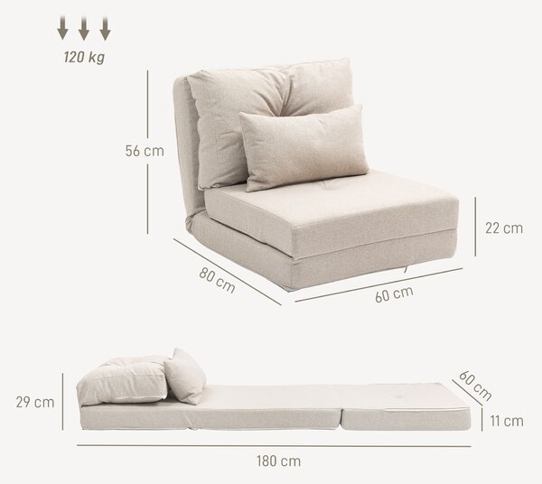 HOMCOM Divano Letto Futon Pieghevole 3 in 1 con 2 Cuscini Lavabile, Reclinabile 5 Posizioni in Lino, Beige | Aosom Italy