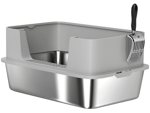 Lettiera per Gatti XL in Acciaio Inox con Paletta Lati Alti Antiperdita Antiodore Fino a 7 kg Grigio