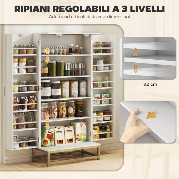 HOMCOM Credenza Cucina 119,5 cm, Moderna Dispensa Autoportante con 12 Ripiani su Ante, Ripiani Regolabili e Pannelli con Finitura in Legno, Bianca | Aosom Italy